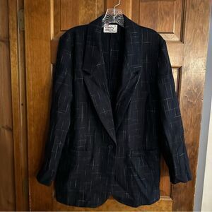 Kathy Davis Medium Navy Blue Yellow Green One Button Wool Blend Blazer